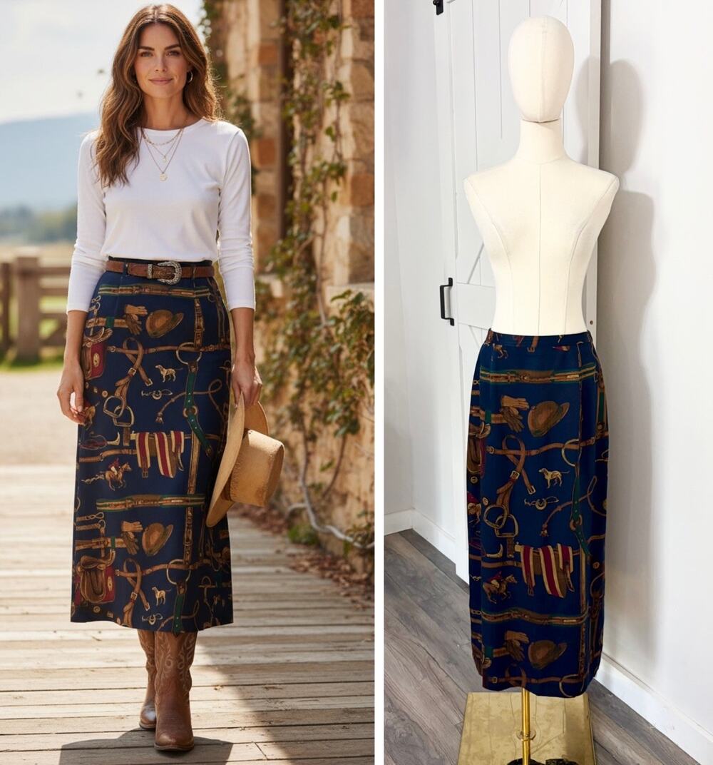 VTG Pendleton Size 8 Navy Blue Equestrian Midi Pencil Skirt Elastic Back Horses